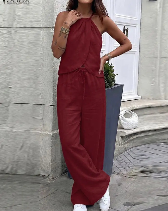 ZANZEA Women's Two-Piece Set: Sleeveless Halter Tops and Elastic Waist Pants