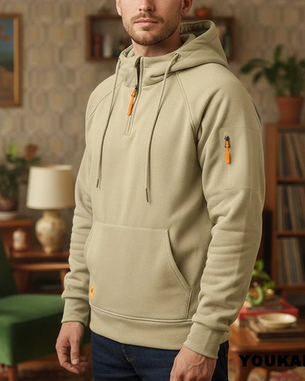 Men's Retro Hooded Sweatshirt with Long Sleeves, Zipper, Multiple Pockets