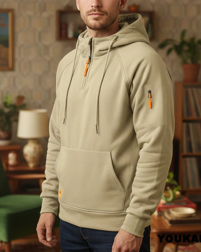 Men's Retro Hooded Sweatshirt with Long Sleeves, Zipper, Multiple Pockets