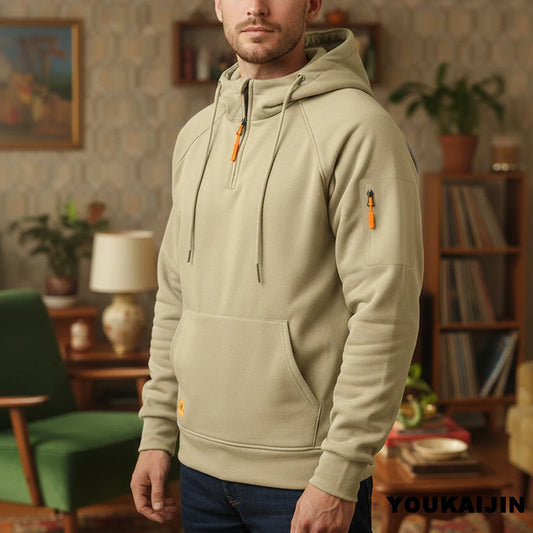 Men's Retro Hooded Sweatshirt with Long Sleeves, Zipper, Multiple Pockets