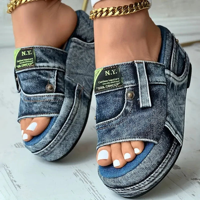 Denim Platform Women's Slip-On Slippers