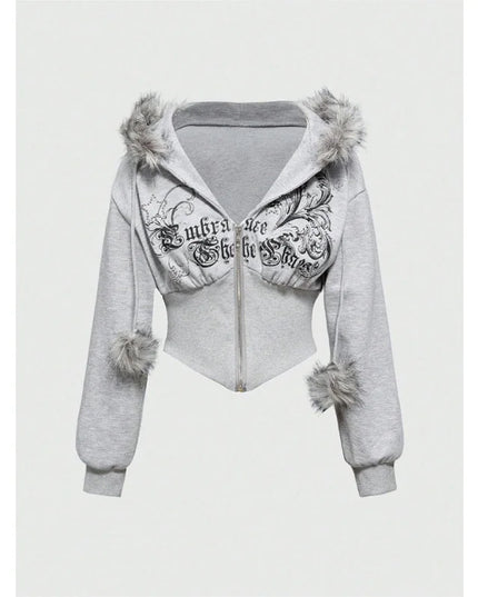 Gothic Print Women's Faux Fur Crop Zip-Up Hoodie Jacket