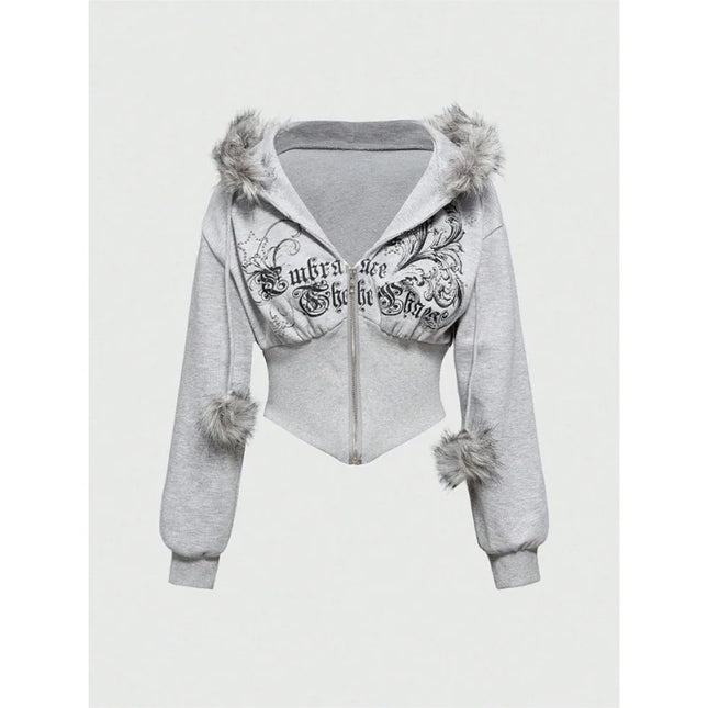 Gothic Print Women's Faux Fur Crop Zip-Up Hoodie Jacket