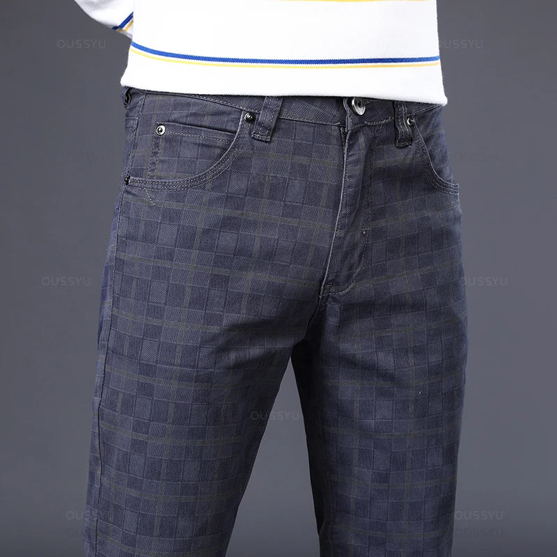 Men's Cotton Stretch Plaid Casual Pants - Slim Fit, Straight Fit, Classic Men's Trousers