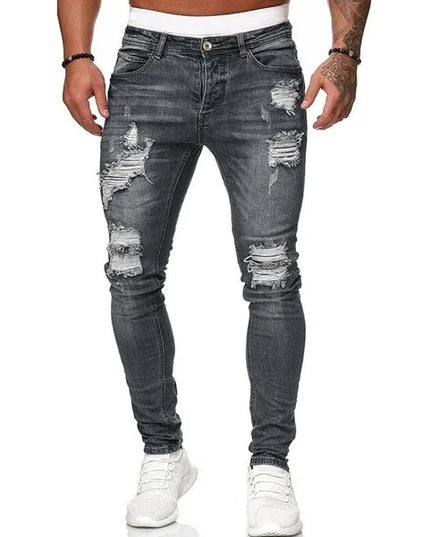 Men's Skinny Slim Fit Ripped Denim Jeans with Stretch, Hole & Patchwork Design