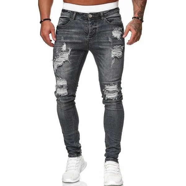 Men's Skinny Slim Fit Ripped Denim Jeans with Stretch, Hole & Patchwork Design
