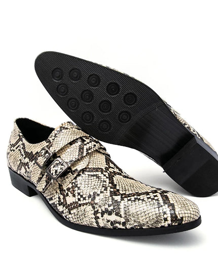 Men's Faux Snake Print Double Buckle Pointed Toe Dress Shoes