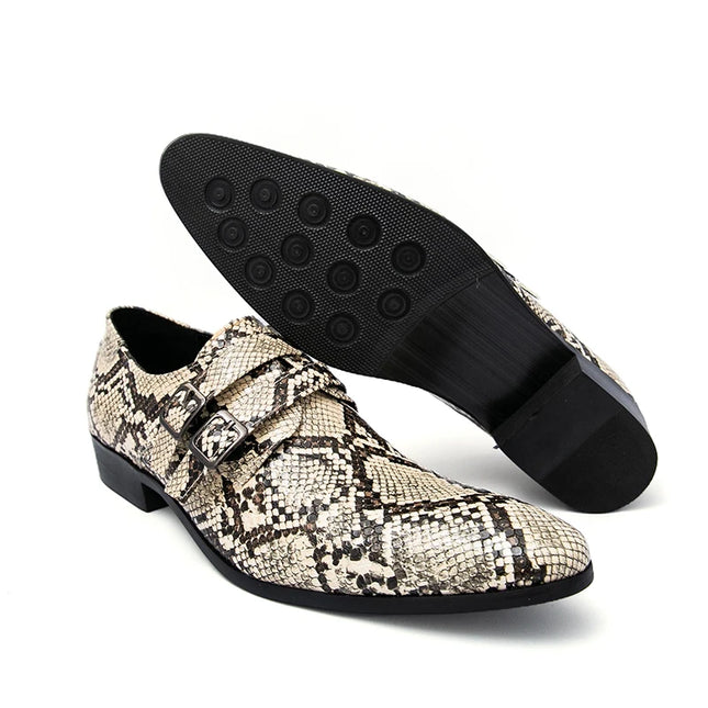 Men's Snake Print Double Buckle Pointed Toe Dress Shoes