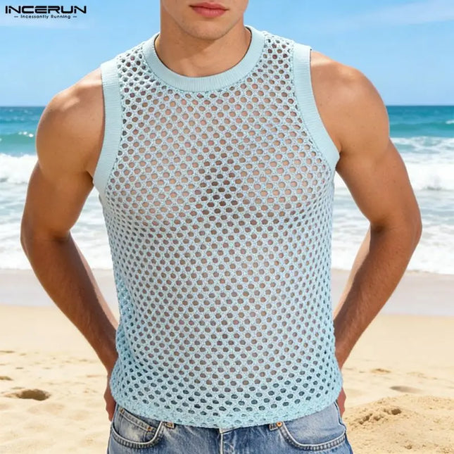 Incerun Men's Mesh Hollow Out O-Neck Tank Top