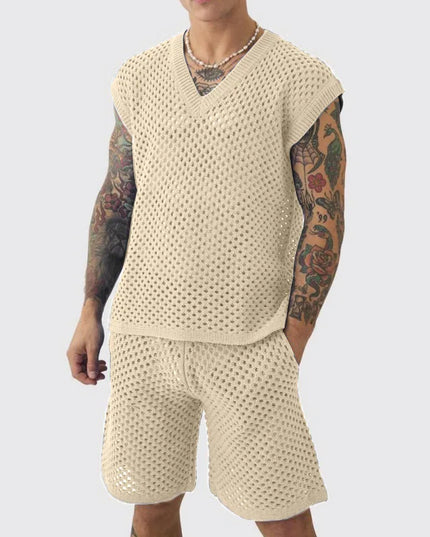 Men's Knitted Two-Piece Mesh V-Neck Vest and Shorts Set - Breathable Casual Style