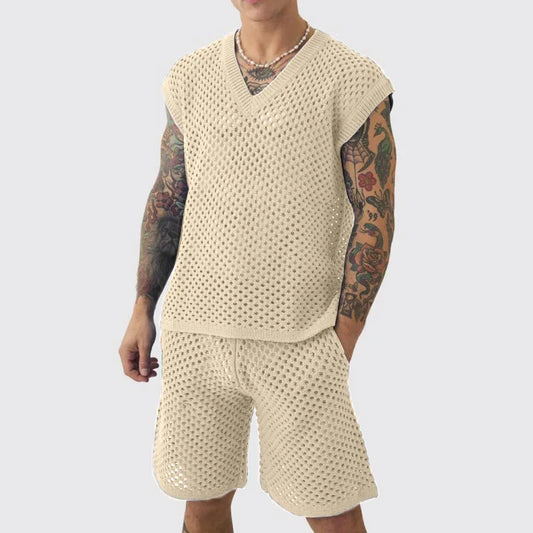 Men's Knitted Two-Piece Mesh V-Neck Vest and Shorts Set - Breathable Casual Style