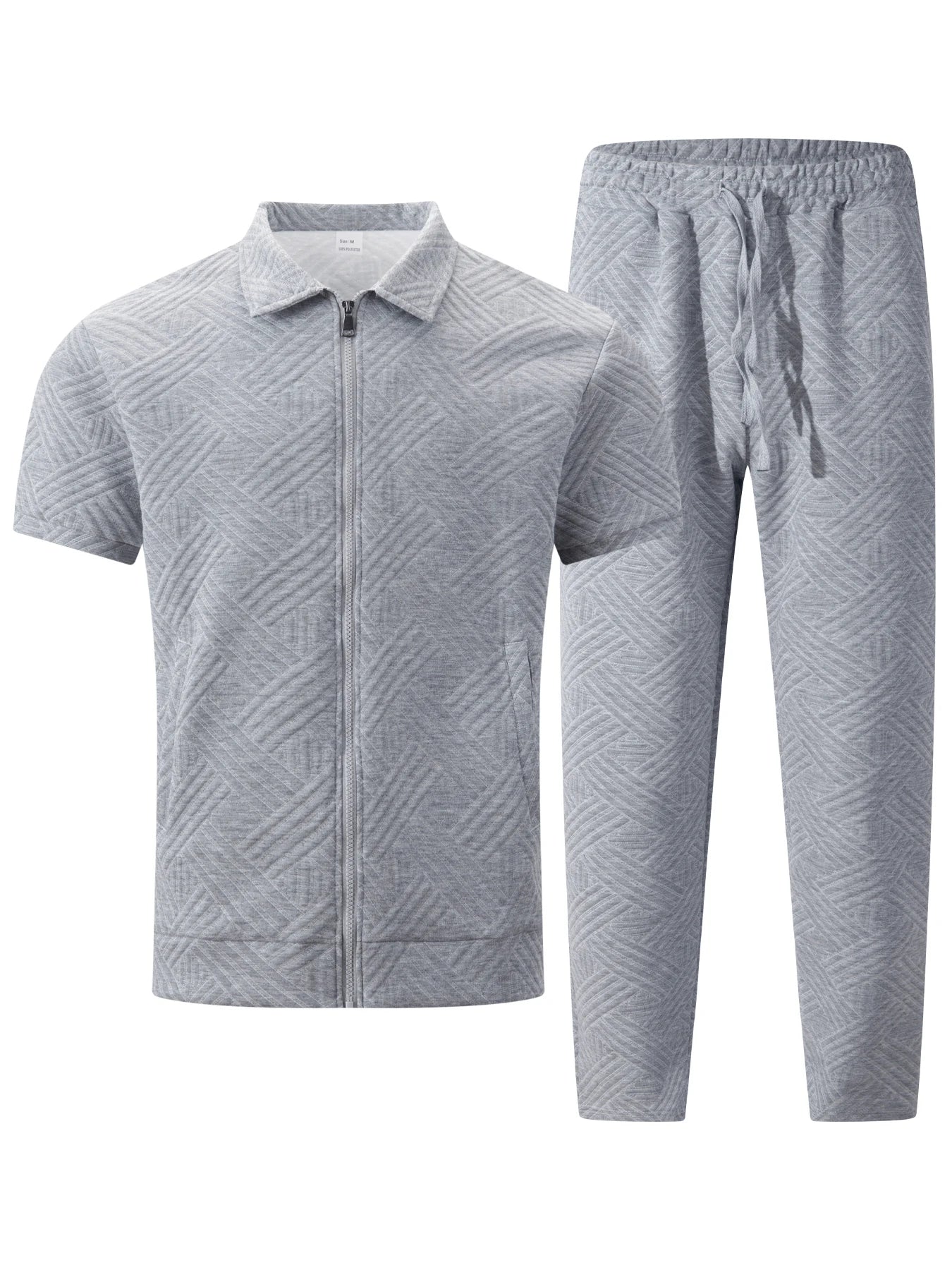 Men's Geometric Jacquard 2-Piece Short Sleeve Shirt and Pants Set with Turn-Down Collar and Zip Closure