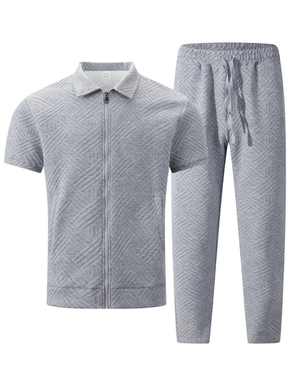 Men's Geometric Jacquard 2-Piece Short Sleeve Shirt and Pants Set with Turn-Down Collar and Zip Closure
