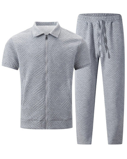 Men's Geometric Jacquard Two-Piece Set with Turn-Down Collar, Short Sleeve Zip-Up Shirt & Pants Set