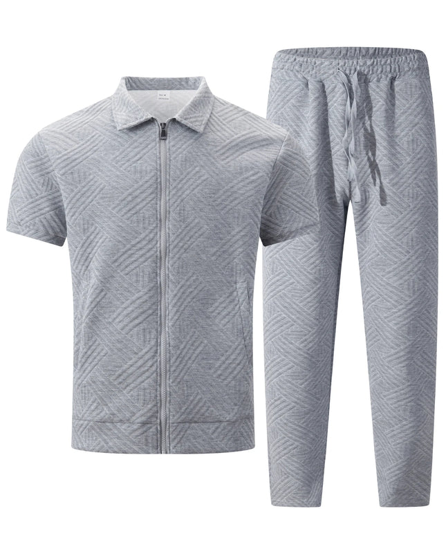 Men's Geometric Jacquard Two-Piece Set with Turn-Down Collar, Short Sleeve Zip-Up Shirt & Pants Set