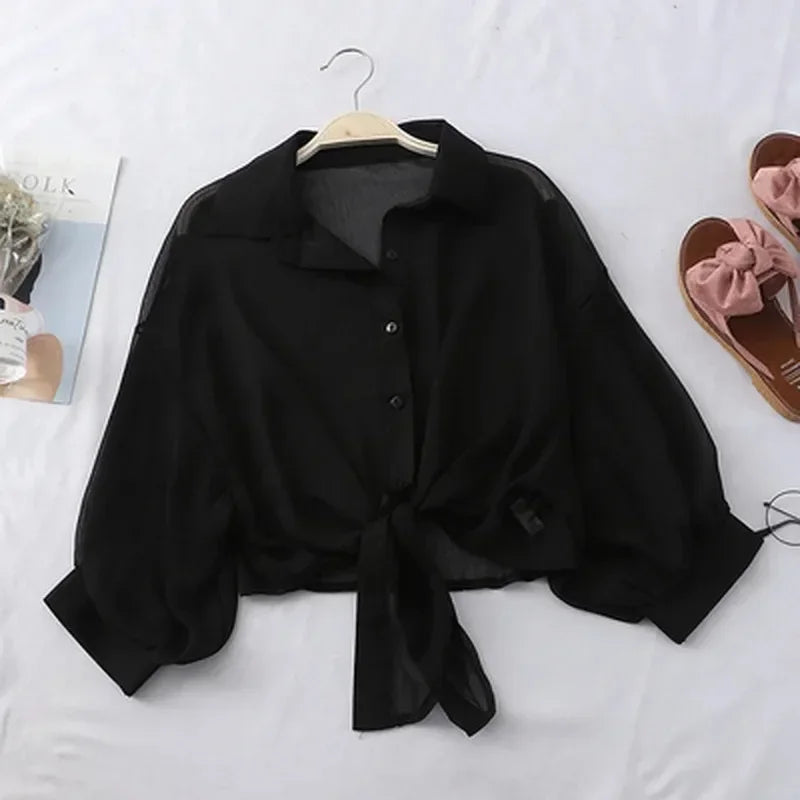Women's Loose Tied Waist Blouse - Half Sleeve Chiffon Button-Up Shirt