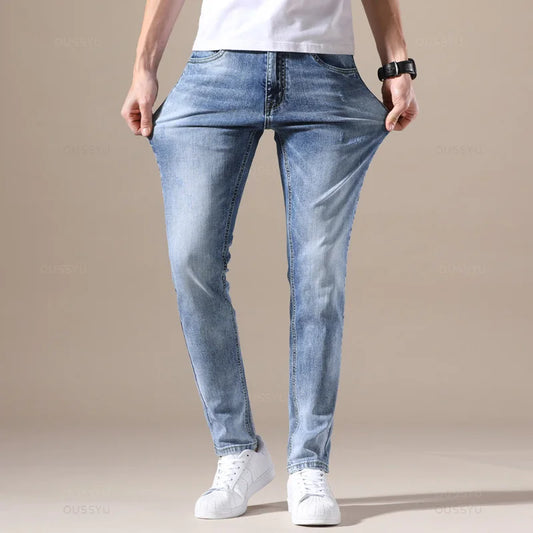 Stylish OUSSYU Men's Denim Jeans – Retro Pleated Skinny Fit Jeans for Men