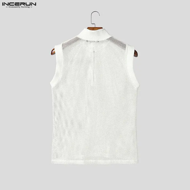 Incerun Men's Hollow Out See-Through Tank Top with Zipper