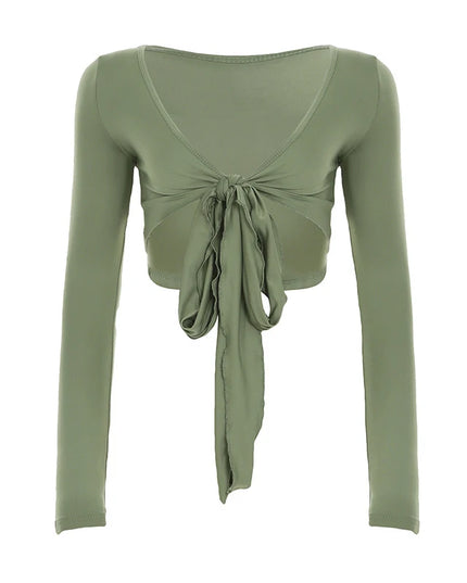 Slim Lace-Up V-Neck Crop Top with Long Sleeves