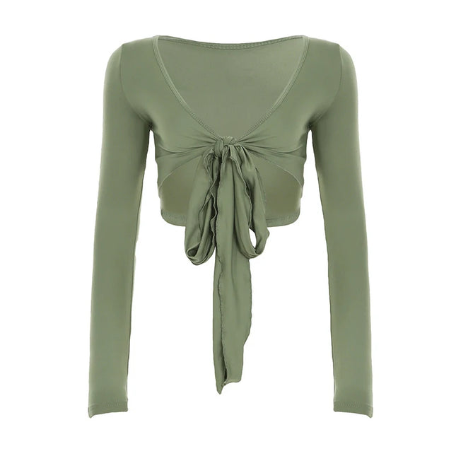 Slim Lace-Up V-Neck Crop Top with Long Sleeves