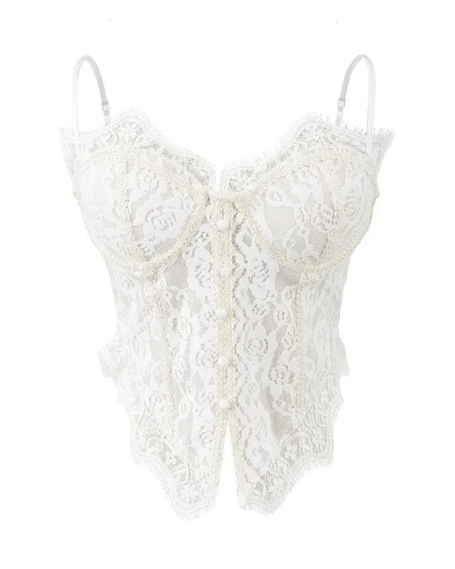 Women's Elegant Sheer Lace Camisole with Sleeveless Fishbone Design