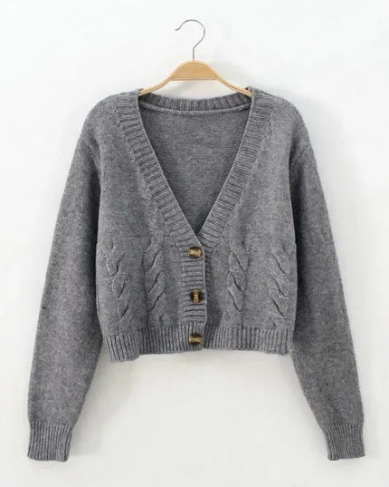 V-Neck Cropped Long Sleeve Knit Cardigan for Women