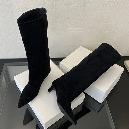Embroidered Women's Pointed Toe High Knee Boots with Thick Heel - PU Leather