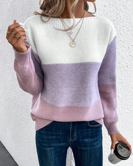 Elegant Three-Color Patchwork Knit Sweater for Women