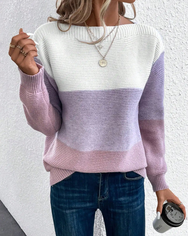 Elegant Three-Color Patchwork Knit Sweater for Women