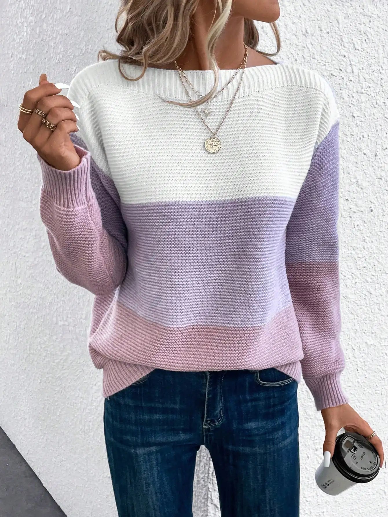 Elegant Three-Color Patchwork Knit Sweater for Women