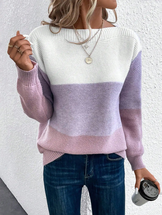 Elegant Three-Color Patchwork Knit Sweater for Women