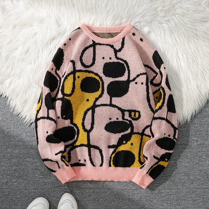 Men's Casual Crew Neck Knit Sweater with Dog Cartoon Print