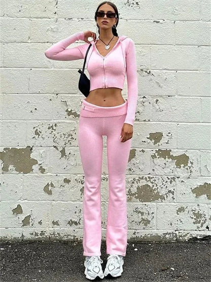 Women's Knitted 2-Piece Tracksuit Set - Long Sleeve Zipper Hooded Sweater & Flare Pants Matching Outfit