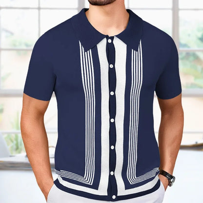 Men's Breathable Striped Knit Patchwork Polo Shirt - Short Sleeve Button-Up