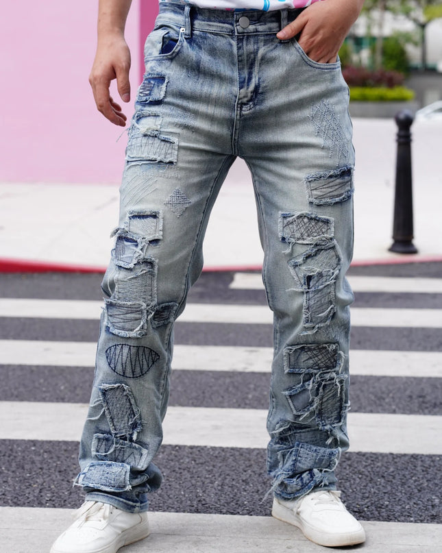 Vintage-Inspired Men's Jeans with Frayed Hem Details