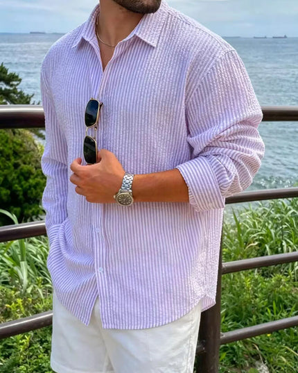 Men's Long Sleeve Striped Shirt with Loose Fit  Casual