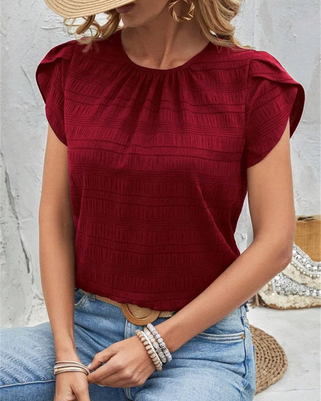 Women's Short Sleeve Loose Fit Round Neck Petal Sleeve Blouse