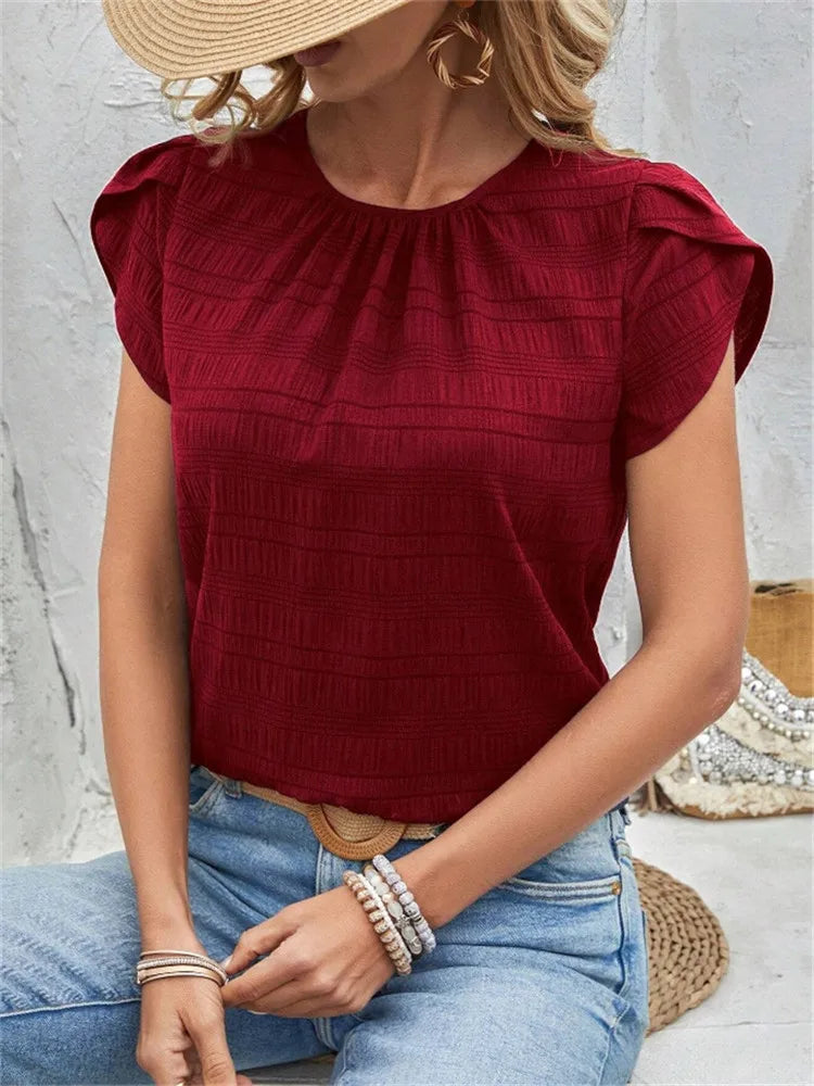 Women's Short Sleeve Loose Fit Round Neck Petal Sleeve Blouse