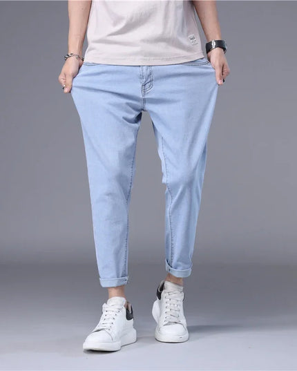 Stylish Slim Fit Men's Korean Style Thin Jeans - Straight Foot Denim Cropped Pants for Men