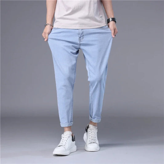 Stylish Slim Fit Men's Korean Style Thin Jeans - Straight Foot Denim Cropped Pants for Men