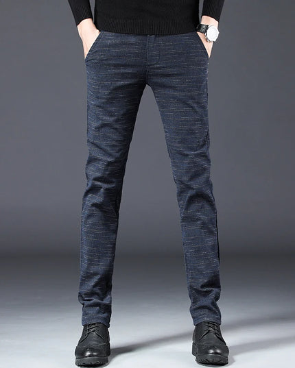 Men's Slim Fit Brushed Cotton-Linen Straight Plaid Trousers