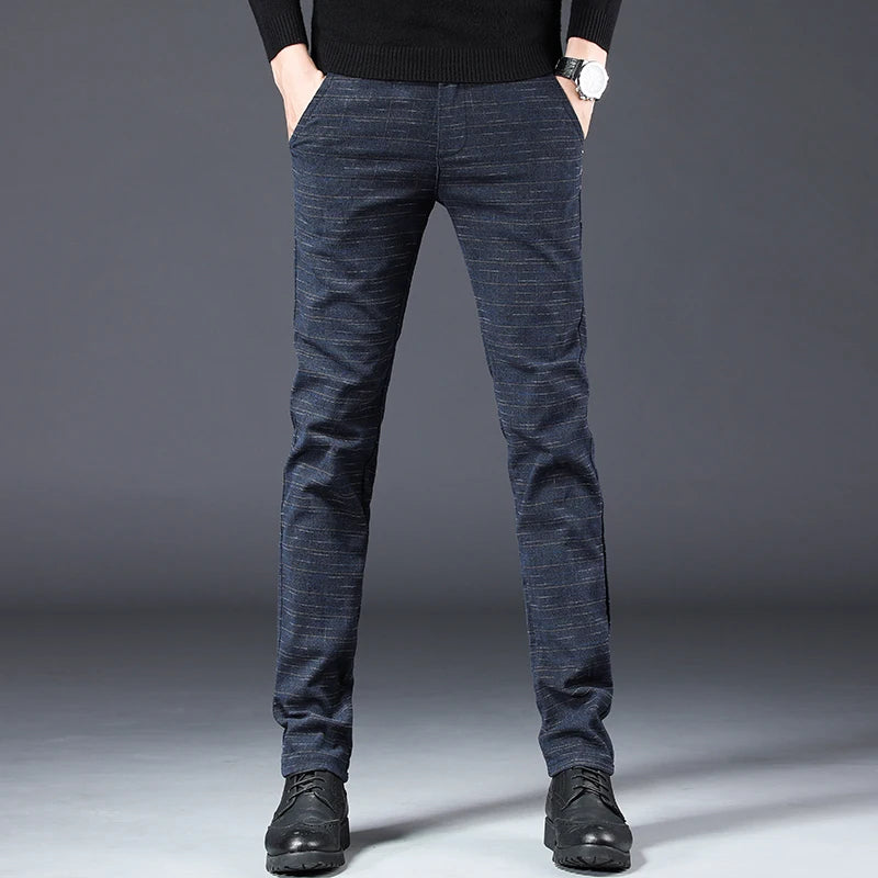 Men's Slim Fit Brushed Cotton-Linen Straight Plaid Trousers