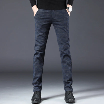 Men's Slim Fit Brushed Cotton-Linen Straight Plaid Trousers