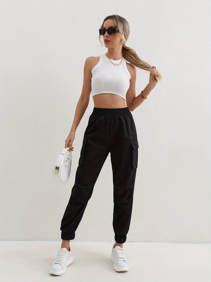 Women's Relaxed Fit Cargo Pants with Elastic Waist and Multiple Pockets