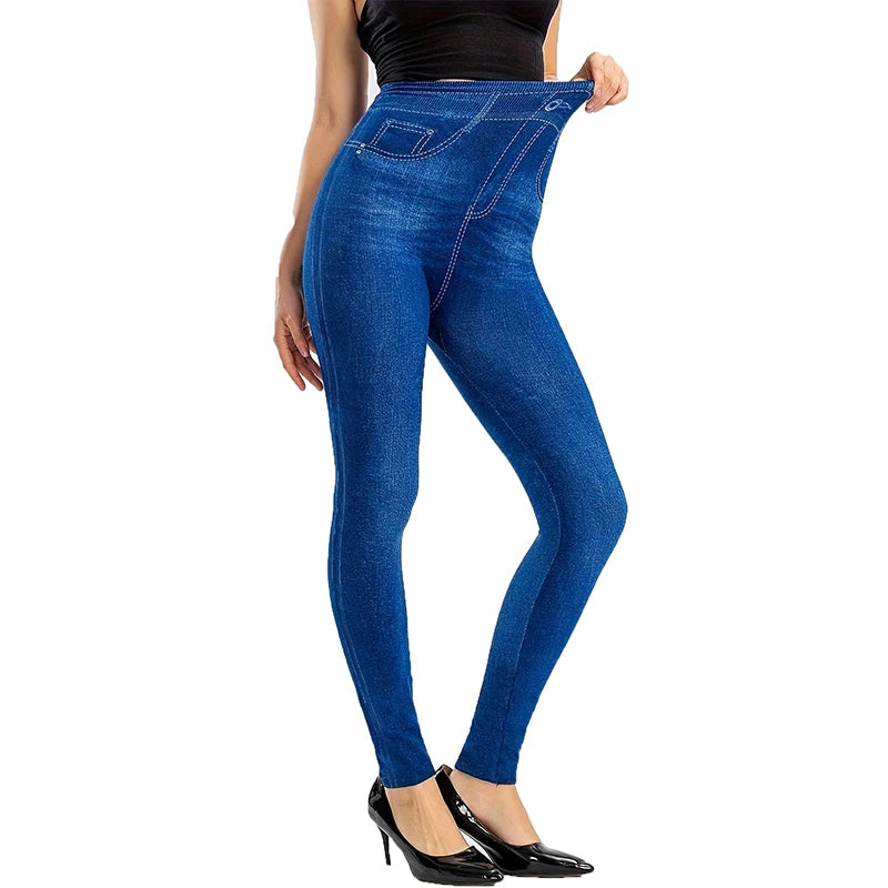 Women's High-Waist Faux Denim Pants with High Elasticity
