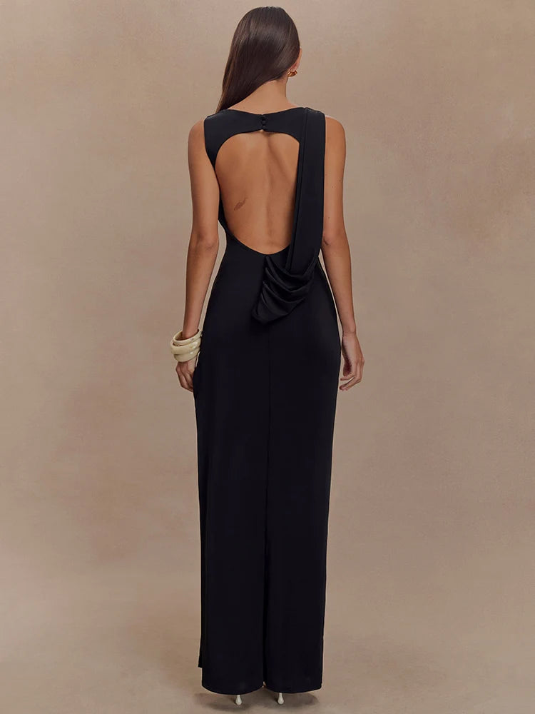 Women's Backless Ruched Maxi Dress with Thigh-High Split