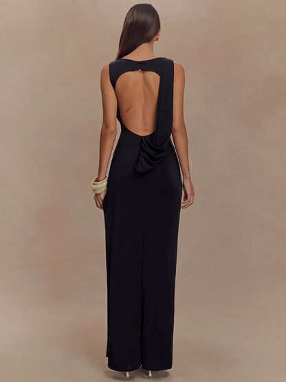 Women's Backless Ruched Maxi Dress with Thigh-High Split