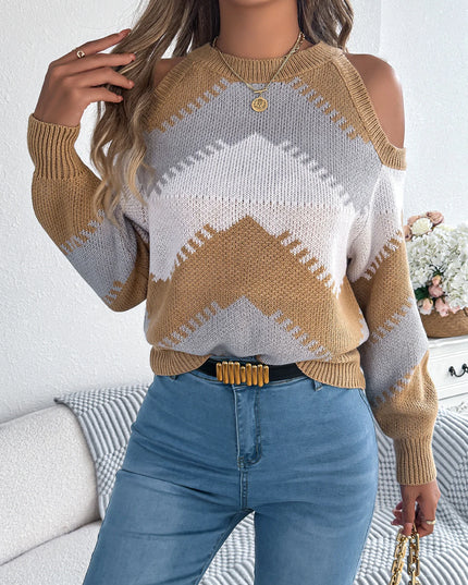 Women's Elegant Contrast Color Striped Long Sleeve Knit Sweater