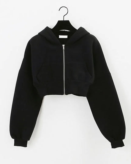 Cropped Zip-Up Hooded Jacket for Women with Pockets