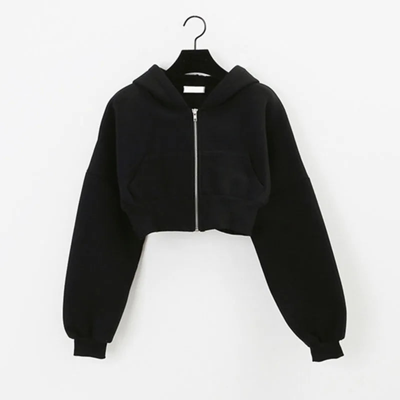 Cropped Zip-Up Hooded Jacket for Women with Pockets